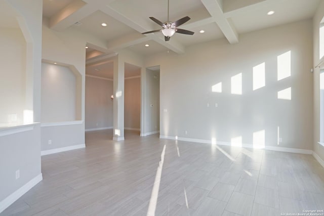 4862 Blue Jasmin, San Antonio, TX 78245 - spare room with coffered ceiling, beamed ceiling, a ceiling fan, baseboards, and recessed lighting