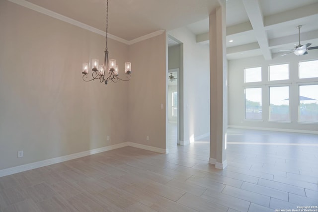 4862 Blue Jasmin, San Antonio, TX 78245 - empty room featuring ceiling fan, beam ceiling, a chandelier, baseboards, and coffered ceiling