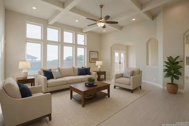 4862 Blue Jasmin, San Antonio, TX 78245 - living area featuring recessed lighting, a ceiling fan, arched walkways, beam ceiling, and coffered ceiling