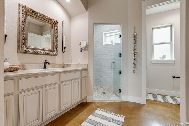 2191 Grandview Frst, Canyon Lake, TX 78133 - full bath with concrete flooring, a shower stall, vanity, and baseboards