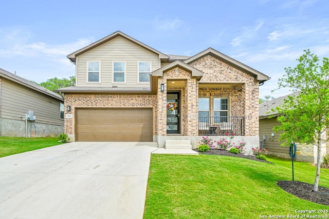 25826 Marigold Oaks, Boerne, TX 78006 - view of front of home featuring brick siding, a garage, a front lawn, driveway, and a porch