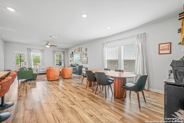 25826 Marigold Oaks, Boerne, TX 78006 - dining space featuring light wood finished floors, ceiling fan, recessed lighting, and baseboards