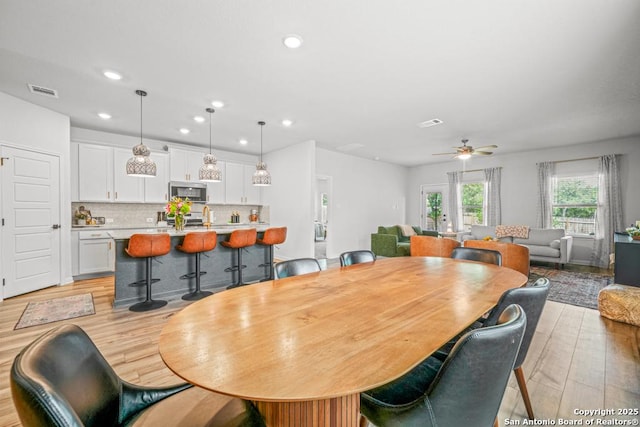 25826 Marigold Oaks, Boerne, TX 78006 - dining room with light wood-style flooring, recessed lighting, and a ceiling fan