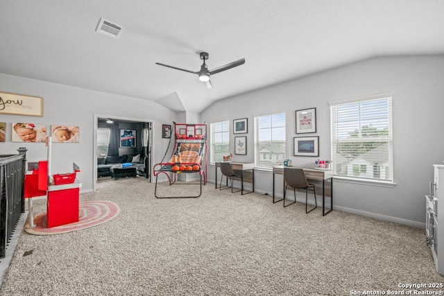 25826 Marigold Oaks, Boerne, TX 78006 - playroom with vaulted ceiling, ceiling fan, a desk, carpet floors, and baseboards