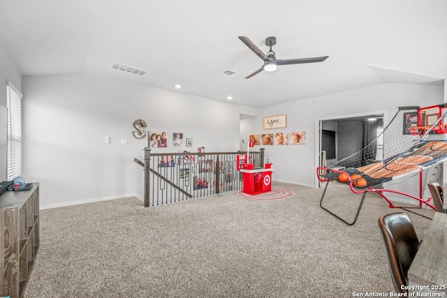 25826 Marigold Oaks, Boerne, TX 78006 - playroom featuring carpet flooring, vaulted ceiling, a ceiling fan, baseboards, and recessed lighting