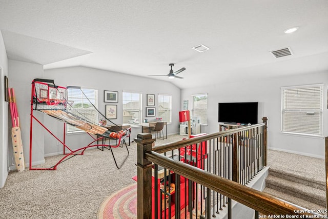 25826 Marigold Oaks, Boerne, TX 78006 - living area with carpet, baseboards, vaulted ceiling, ceiling fan, and recessed lighting