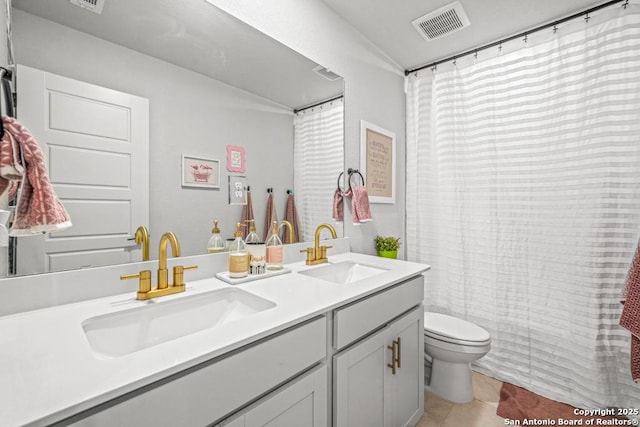 25826 Marigold Oaks, Boerne, TX 78006 - full bath with tile patterned flooring, toilet, double vanity, and a shower with curtain