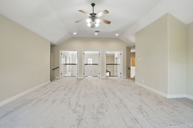 51 Stonewall Bnd, San Antonio, TX 78256 - unfurnished living room featuring a ceiling fan, light colored carpet, lofted ceiling, baseboards, and recessed lighting