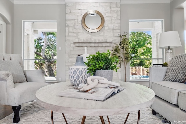 51 Stonewall Bnd, San Antonio, TX 78256 - living room featuring crown molding and healthy amount of natural light