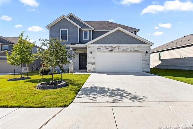 515 Bella Rosa Way, Cibolo, TX 78108 - craftsman-style house featuring an attached garage, driveway, a front lawn, and stone siding