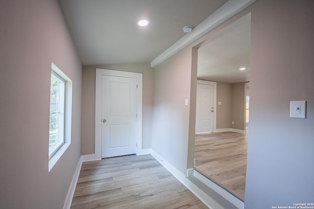312 Avondale, San Antonio, TX 78223 - corridor featuring light wood-style floors, recessed lighting, baseboards, and lofted ceiling