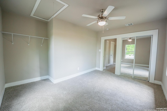312 Avondale, San Antonio, TX 78223 - unfurnished bedroom with attic access, light colored carpet, baseboards, and a ceiling fan