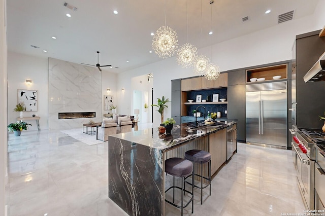 1356 Capitare, New Braunfels, TX 78132 - kitchen with open shelves, modern cabinets, premium appliances, a chandelier, and recessed lighting