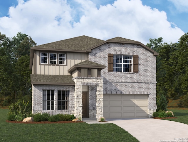 14724 Sycamore Xing, San Antonio, TX 78252 - view of front of home featuring brick siding, an attached garage, concrete driveway, roof with shingles, and a front yard