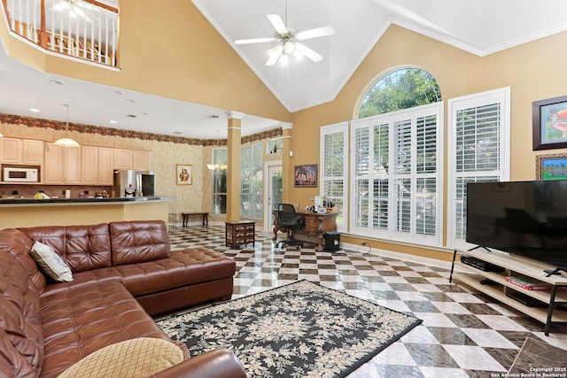 13410 Heights, San Antonio, TX 78230 - living area featuring high vaulted ceiling, a ceiling fan, and baseboards