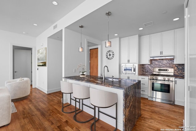 610 E Market St Unit 3110, San Antonio, TX 78205 - kitchen featuring stainless steel appliances, a sink, under cabinet range hood, dark wood-style flooring, and dark stone counters