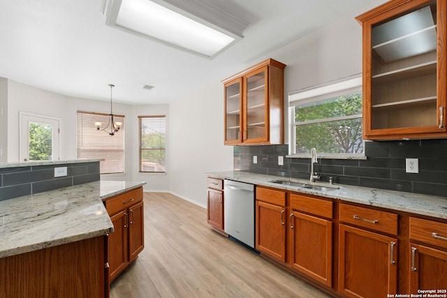 17223 Darlington Run, San Antonio, TX 78247 - kitchen featuring dishwasher, a sink, light wood-style flooring, decorative backsplash, and plenty of natural light
