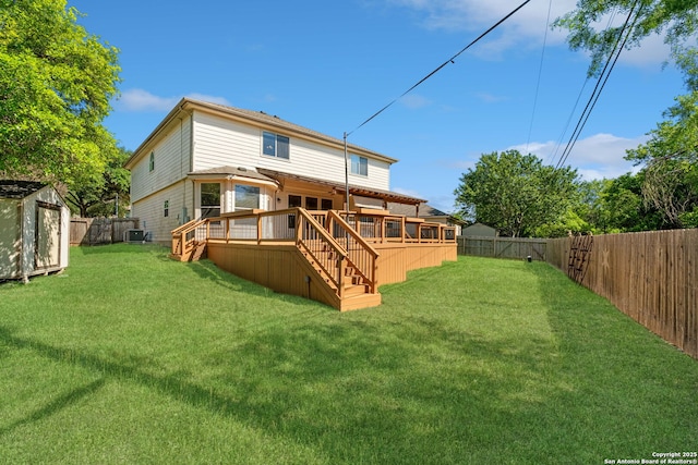 17223 Darlington Run, San Antonio, TX 78247 - back of property with stairway, a deck, a storage shed, an outdoor structure, and central AC