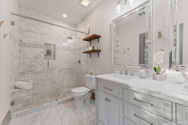 631 Muncey St, San Antonio, TX 78202 - bathroom featuring a stall shower, toilet, and vanity