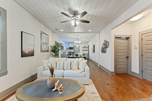 631 Muncey St, San Antonio, TX 78202 - living room featuring a chandelier, a ceiling fan, wood finished floors, wood ceiling, and recessed lighting