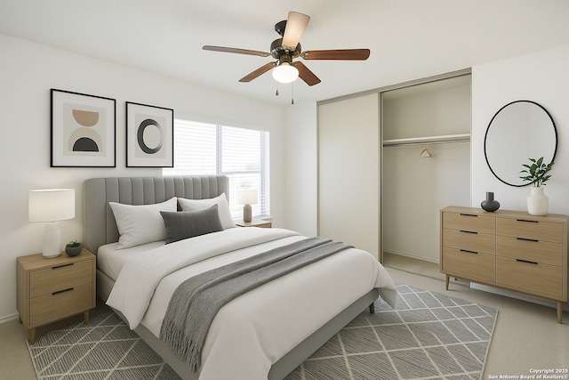 15850 Marisa Pl, San Antonio, TX 78247 - bedroom featuring a closet, a ceiling fan, baseboards, and light colored carpet