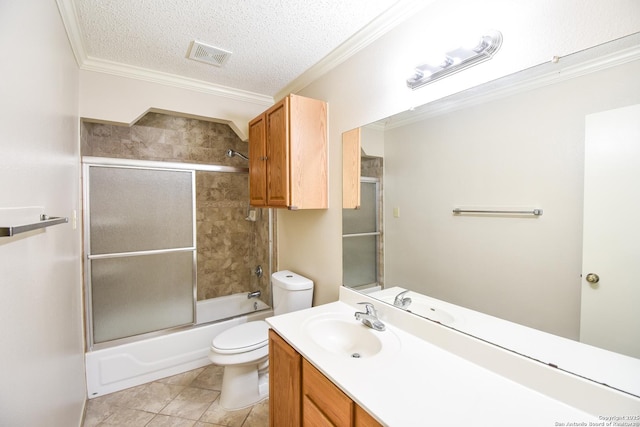 15850 Marisa Pl, San Antonio, TX 78247 - bathroom featuring toilet, crown molding, tile patterned flooring, enclosed tub / shower combo, and vanity
