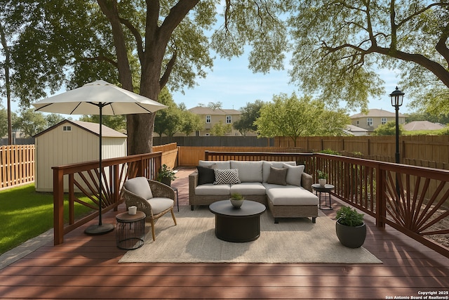15850 Marisa Pl, San Antonio, TX 78247 - wooden deck with a storage unit, a fenced backyard, an outbuilding, and an outdoor hangout area