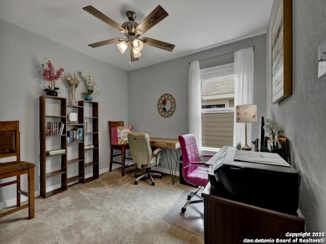 4047 Legend Mdws, New Braunfels, TX 78130 - carpeted home office featuring a ceiling fan