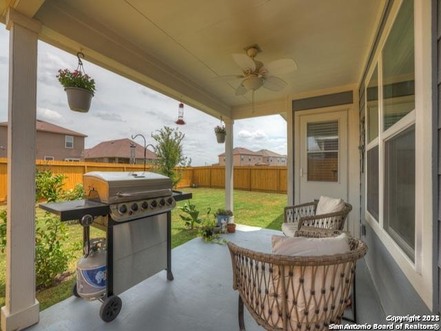 4047 Legend Mdws, New Braunfels, TX 78130 - view of patio featuring ceiling fan and a grill
