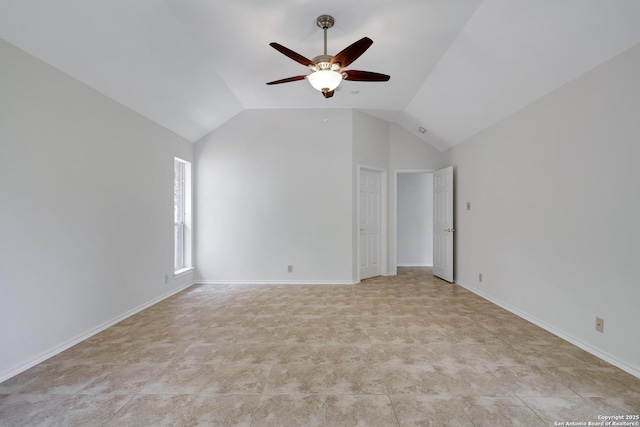 4635 Shavano Birch, San Antonio, TX 78230 - spare room featuring a ceiling fan, lofted ceiling, and baseboards