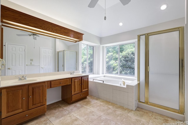 4635 Shavano Birch, San Antonio, TX 78230 - full bath with a ceiling fan, a shower stall, a garden tub, double vanity, and lofted ceiling