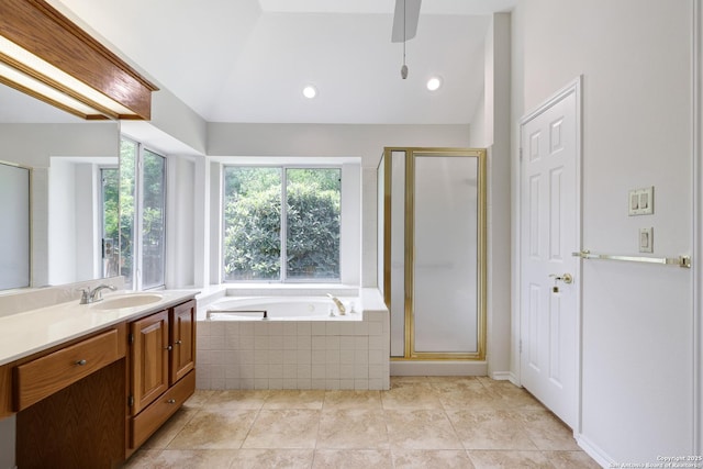 4635 Shavano Birch, San Antonio, TX 78230 - full bathroom with vanity, a stall shower, a bath, vaulted ceiling, and tile patterned flooring