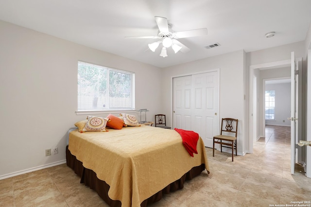 4635 Shavano Birch, San Antonio, TX 78230 - bedroom featuring multiple windows, a closet, ceiling fan, and baseboards