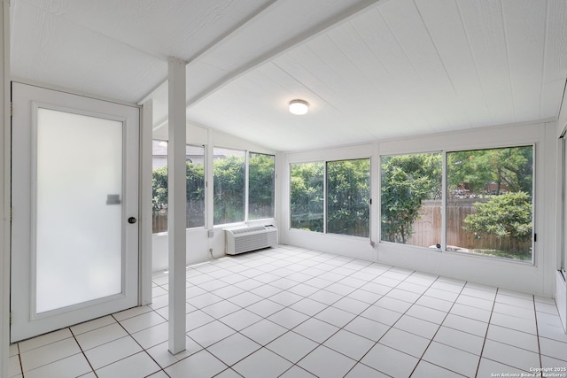 4635 Shavano Birch, San Antonio, TX 78230 - unfurnished sunroom featuring vaulted ceiling, tile patterned floors, and a wall unit AC