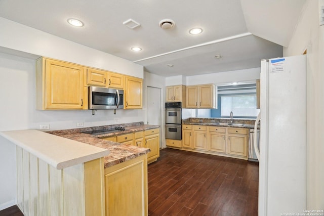 427 Indigo, San Antonio, TX 78216 - kitchen featuring appliances with stainless steel finishes, light brown cabinetry, a peninsula, dark wood-type flooring, and a sink