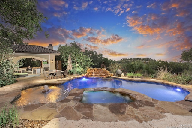 2219 Clubs Dr, Boerne, TX 78006 - view of swimming pool with a patio area, a gazebo, outdoor dining area, and a pool with connected hot tub