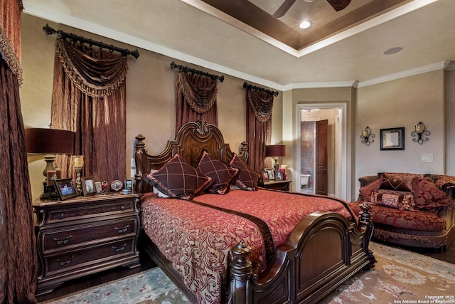 2219 Clubs Dr, Boerne, TX 78006 - bedroom featuring ornamental molding, ensuite bath, a ceiling fan, and a tray ceiling