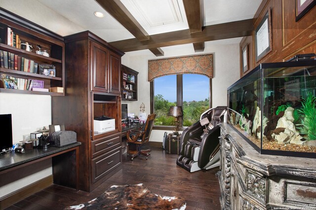 2219 Clubs Dr, Boerne, TX 78006 - office space featuring built in desk, beam ceiling, dark wood finished floors, coffered ceiling, and recessed lighting