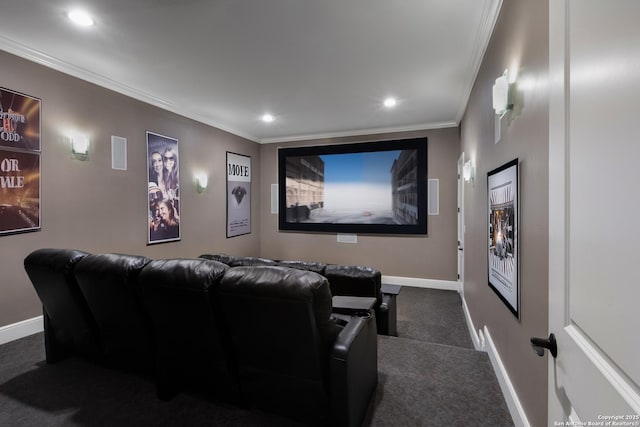 2219 Clubs Dr, Boerne, TX 78006 - cinema room featuring dark colored carpet, baseboards, recessed lighting, and crown molding
