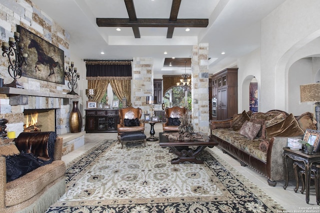 2219 Clubs Dr, Boerne, TX 78006 - tiled living area featuring arched walkways, coffered ceiling, a fireplace, beamed ceiling, and recessed lighting