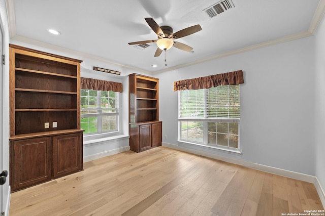 9403 Gardenia Bnd, San Antonio, TX 78266 - empty room with baseboards, light wood finished floors, ornamental molding, a ceiling fan, and recessed lighting