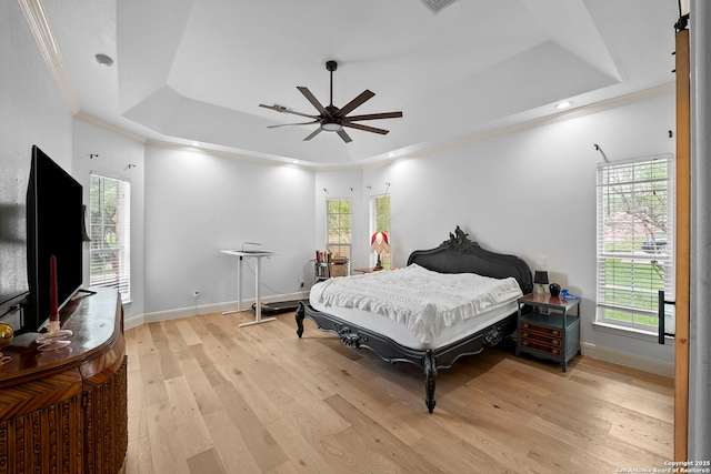 9403 Gardenia Bnd, San Antonio, TX 78266 - bedroom featuring a raised ceiling, light wood finished floors, ornamental molding, baseboards, and recessed lighting