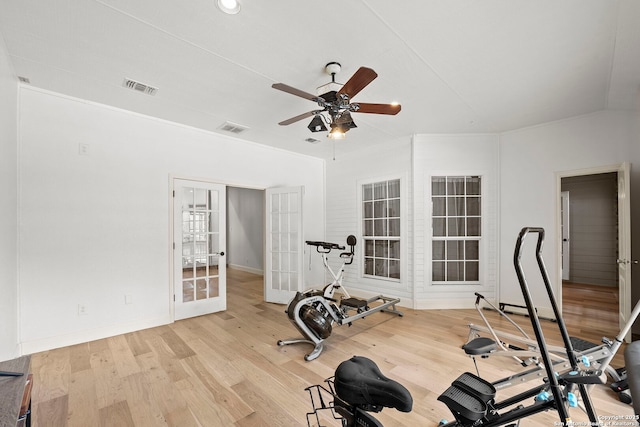 9403 Gardenia Bnd, San Antonio, TX 78266 - exercise room with a ceiling fan, wood finished floors, french doors, and baseboards