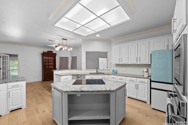 9403 Gardenia Bnd, San Antonio, TX 78266 - kitchen featuring open shelves, a sink, ornamental molding, white cabinets, and dishwasher