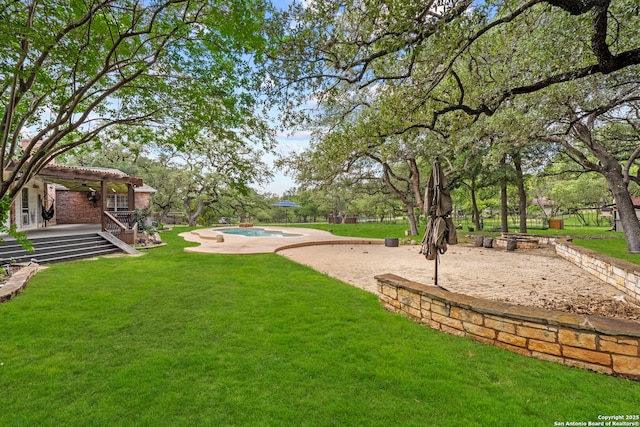 9403 Gardenia Bnd, San Antonio, TX 78266 - view of green lawn featuring a pergola, an outdoor pool, a patio area, and a wooden deck