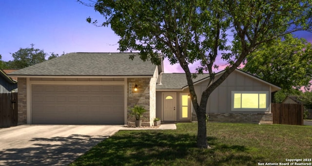 5902 Brambletree, San Antonio, TX 78247 - ranch-style house with concrete driveway, a garage, board and batten siding, brick siding, and roof with shingles