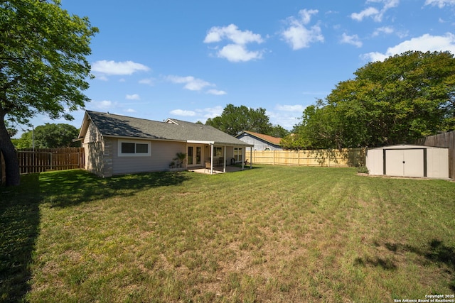5902 Brambletree, San Antonio, TX 78247 - view of yard featuring a shed, french doors, an outdoor structure, and a patio
