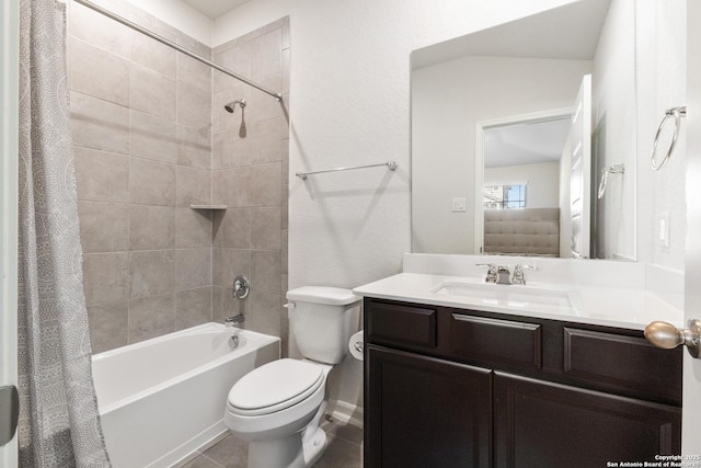 4540 Appaloosa, San Antonio, TX 78245 - full bathroom featuring toilet, shower / bathtub combination with curtain, vanity, and tile patterned flooring
