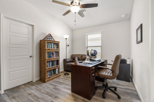 4540 Appaloosa, San Antonio, TX 78245 - home office with vaulted ceiling, light wood-type flooring, a ceiling fan, and baseboards