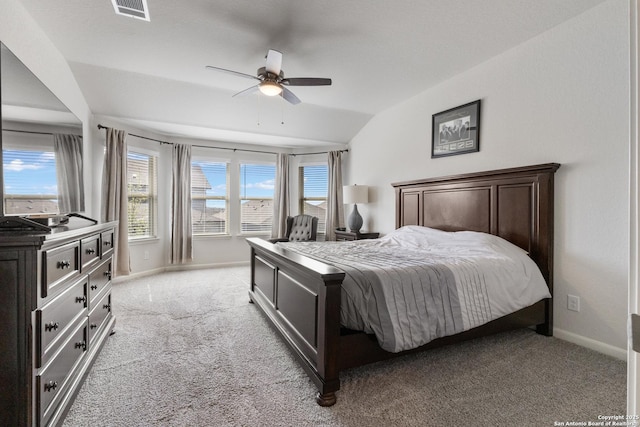 4540 Appaloosa, San Antonio, TX 78245 - bedroom featuring vaulted ceiling, light carpet, baseboards, and ceiling fan